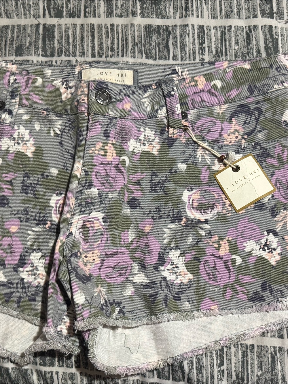 I love h81 Gray Denim Floral Shorts with Purple and Olive Print
